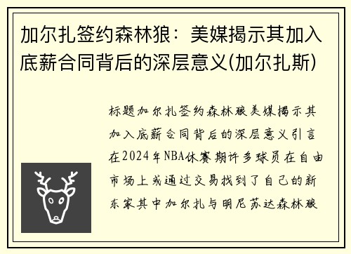 加尔扎签约森林狼：美媒揭示其加入底薪合同背后的深层意义(加尔扎斯)