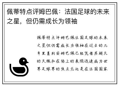 佩蒂特点评姆巴佩：法国足球的未来之星，但仍需成长为领袖