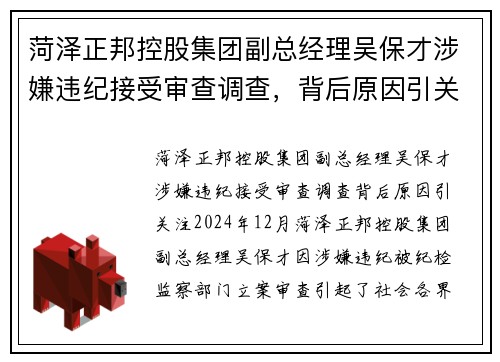 菏泽正邦控股集团副总经理吴保才涉嫌违纪接受审查调查，背后原因引关注
