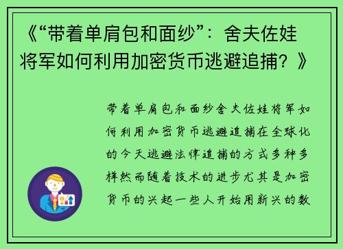 《“带着单肩包和面纱”：舍夫佐娃将军如何利用加密货币逃避追捕？》