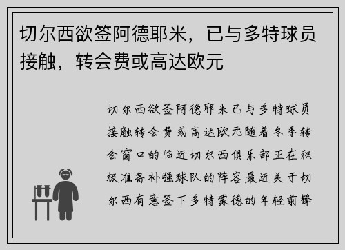 切尔西欲签阿德耶米，已与多特球员接触，转会费或高达欧元